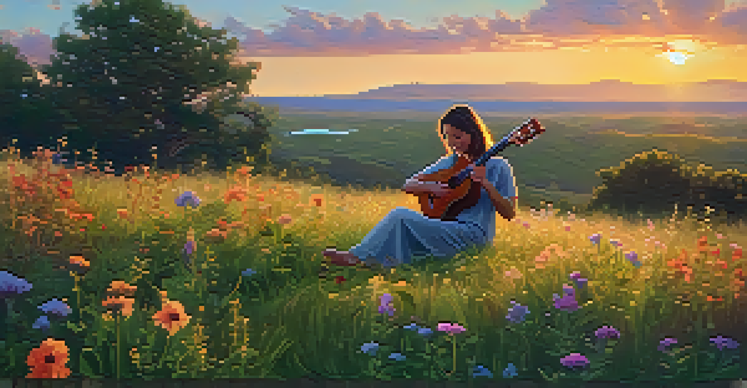 A person playing a ukulele on a grassy hill at sunset surrounded by wildflowers.