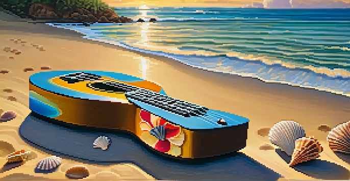 A vibrant ukulele on the beach with a sunset in the background, showcasing floral patterns and seashells surrounding it.