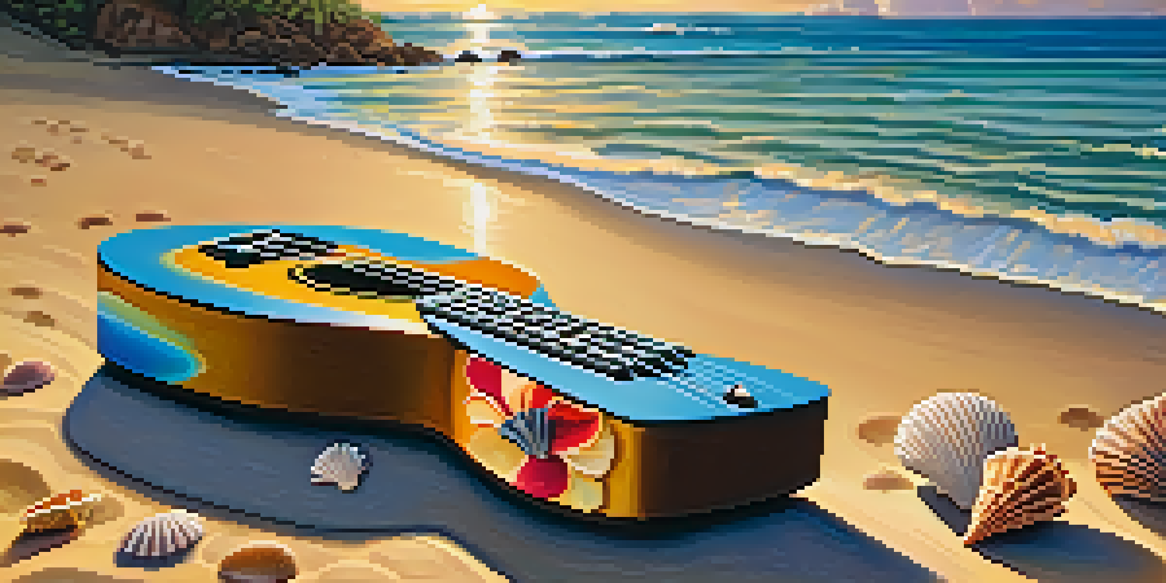 A vibrant ukulele on the beach with a sunset in the background, showcasing floral patterns and seashells surrounding it.