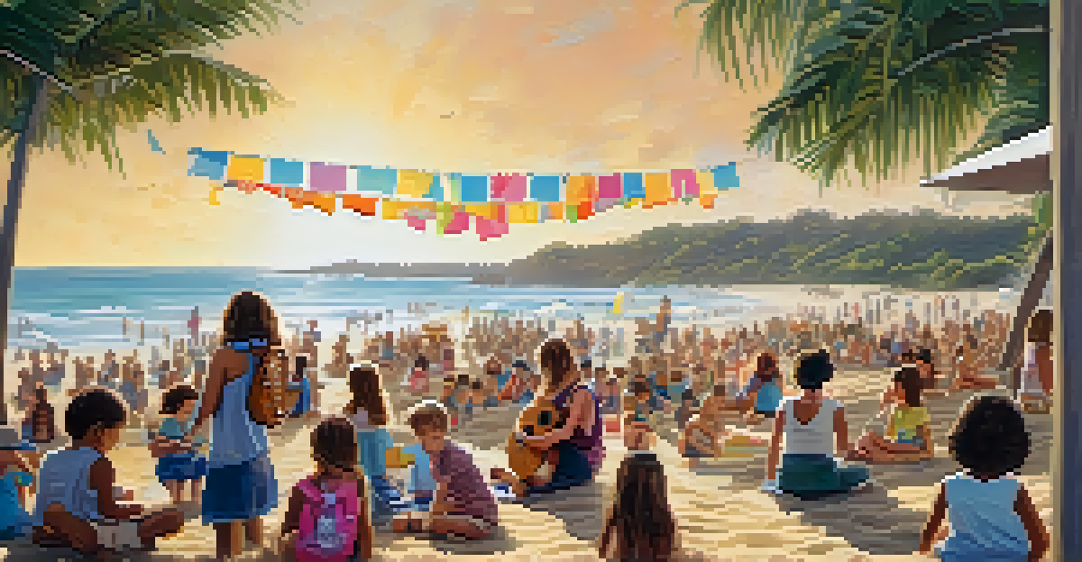 Families participating in a Gold Coast ukulele festival, with children holding ukuleles and a beach in the background.