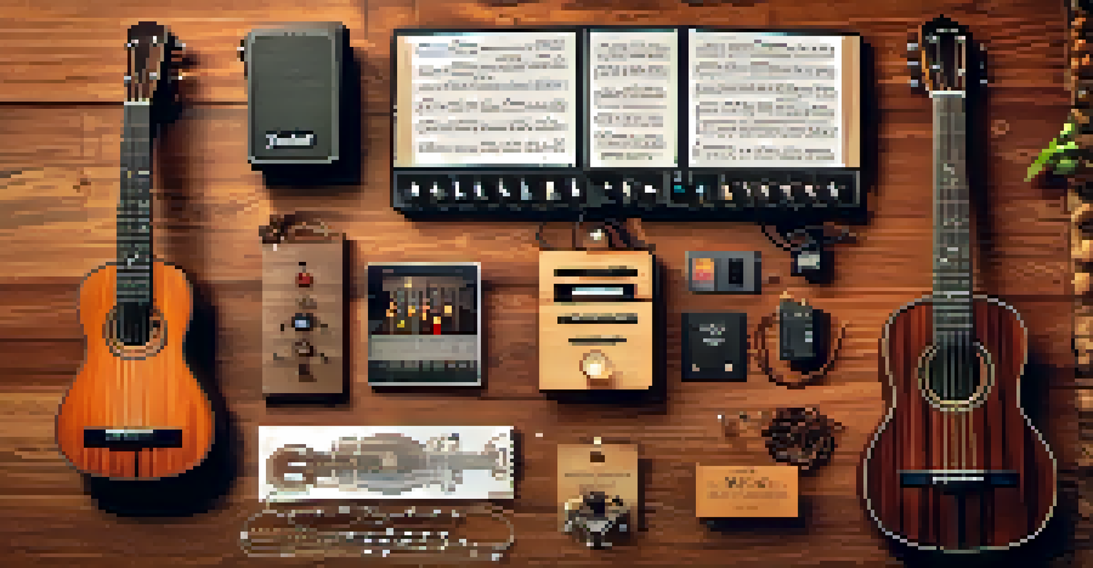 A flat lay of different digital tuners on a wooden table, with ukulele strings and sheet music surrounding them.