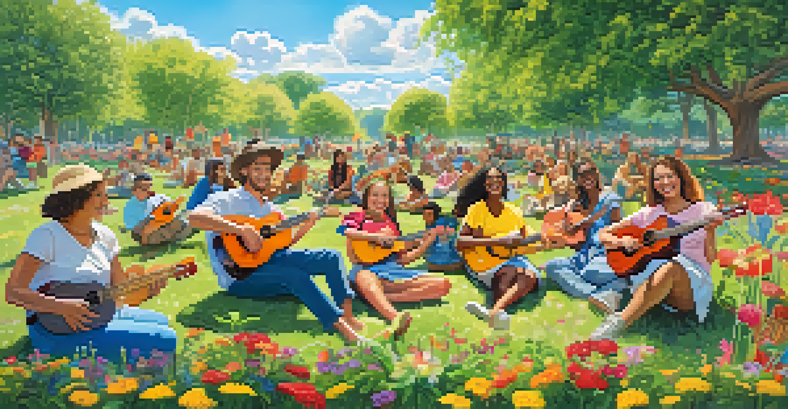 A diverse group of individuals joyfully playing ukuleles in a park, surrounded by nature and colorful banners.