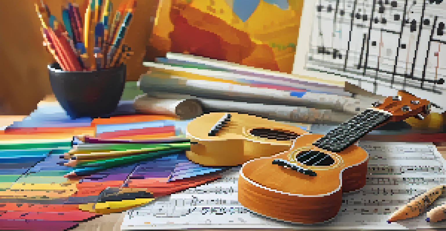 A close-up of a ukulele on a chord chart with art supplies, depicting a creative learning space.