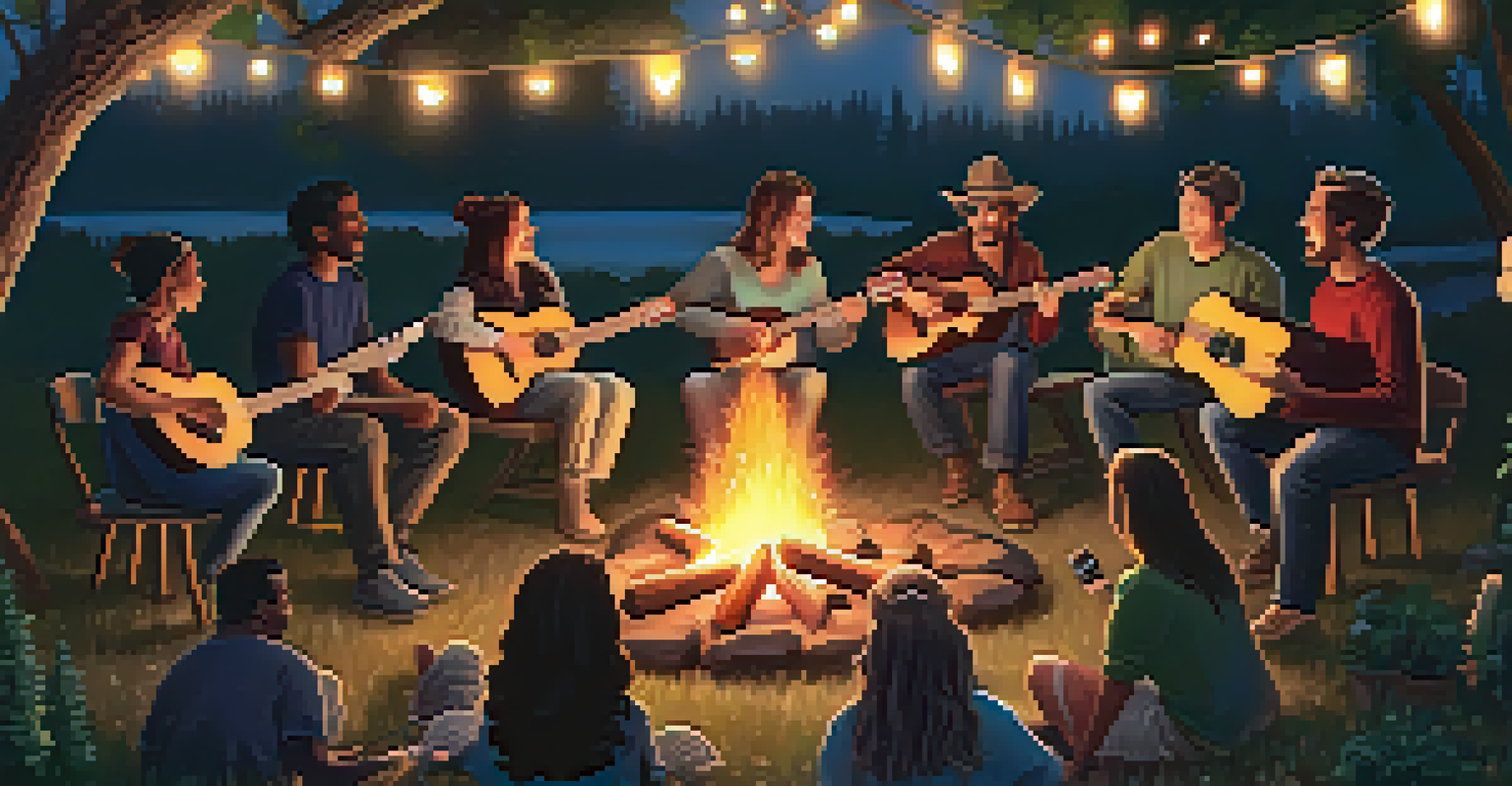 A diverse group of people gathered around a campfire, each holding a ukulele in a cozy forest setting.