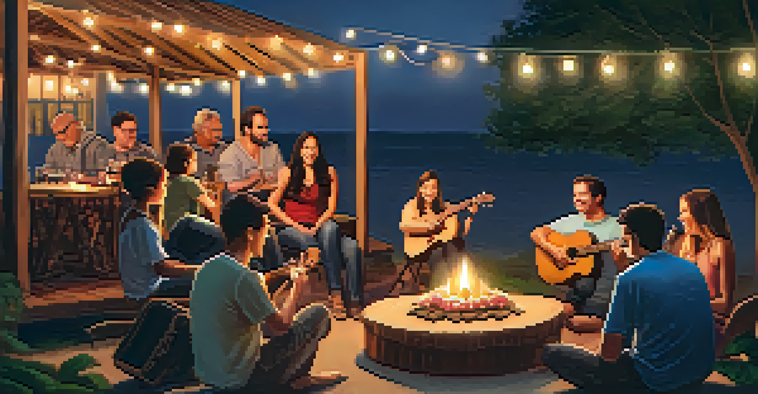 Local musicians performing at a cozy ukulele event with an audience enjoying the atmosphere and refreshments.