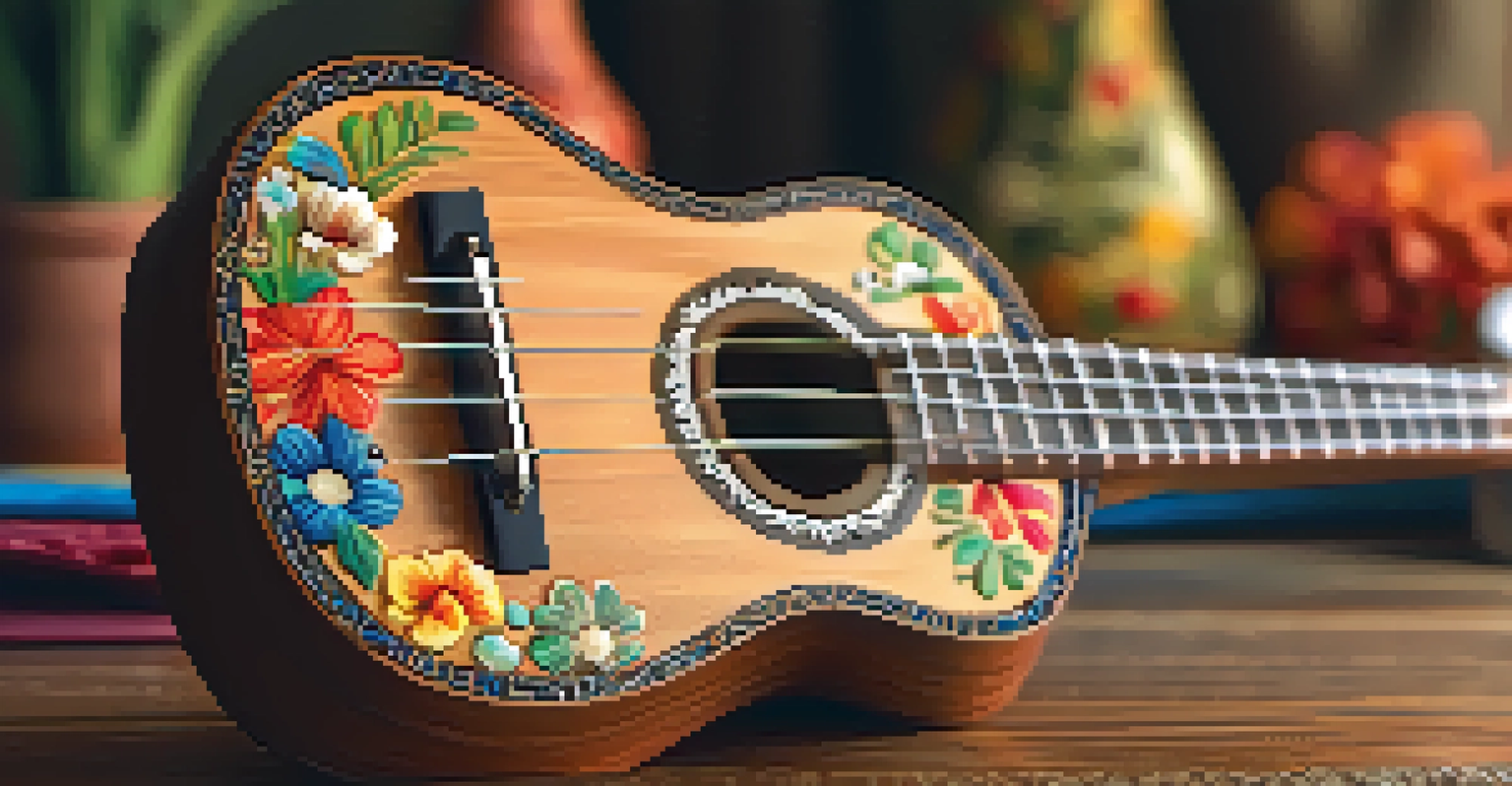 A close-up of a decorated ukulele on a wooden table, highlighting its intricate designs and vibrant colors in a cozy living space.