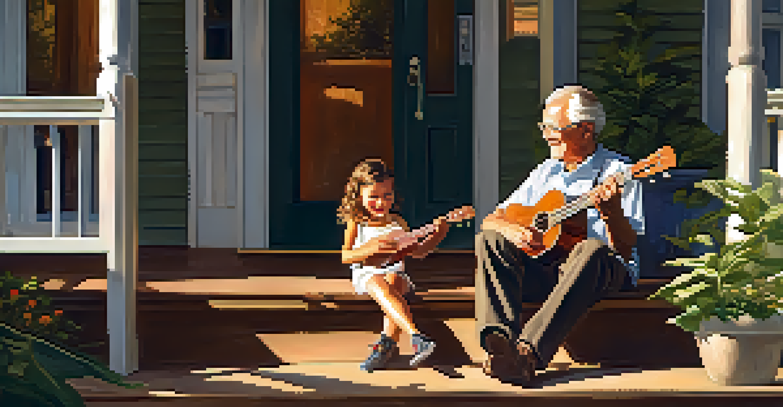 An elderly man and a young girl playing a ukulele together on a porch, surrounded by plants and family photos.