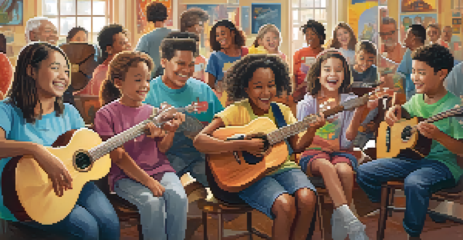 A community center bustling with people of various ages holding ukuleles, practicing music together in a lively and friendly environment.