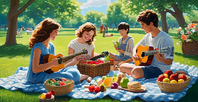 A lively picnic scene with friends playing ukuleles on a blanket surrounded by flowers and greenery.