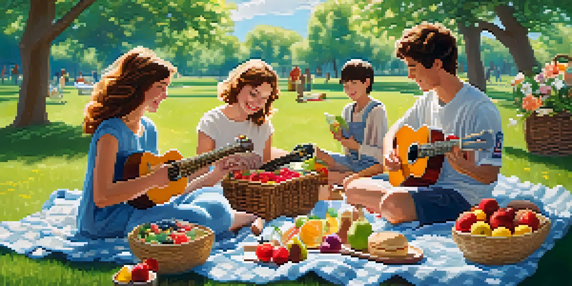 A lively picnic scene with friends playing ukuleles on a blanket surrounded by flowers and greenery.