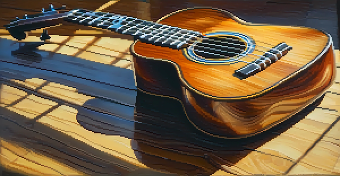A close-up image of a ukulele on a wooden table with sunlight creating soft shadows, accompanied by colorful chord diagrams.