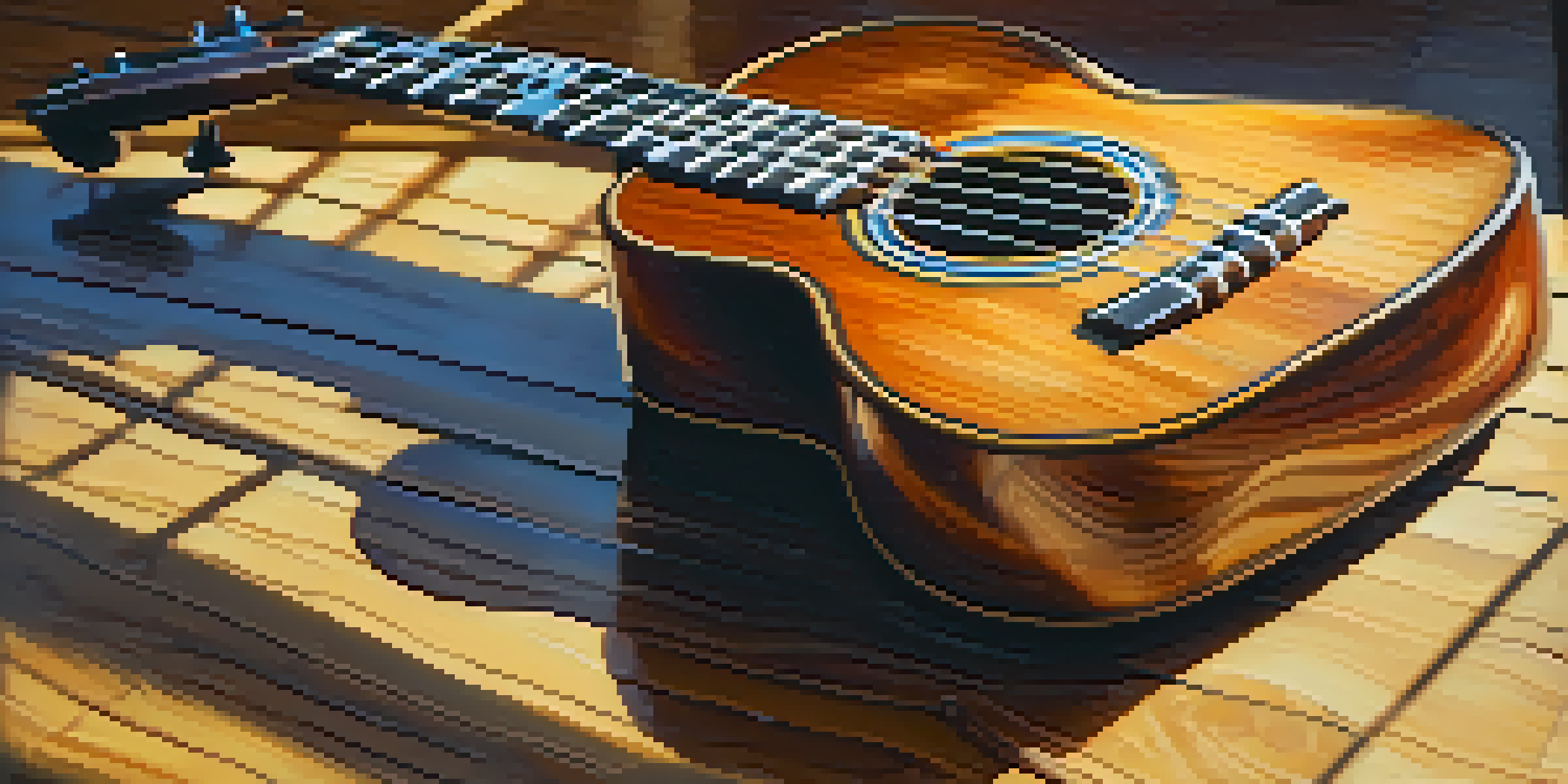 A close-up image of a ukulele on a wooden table with sunlight creating soft shadows, accompanied by colorful chord diagrams.