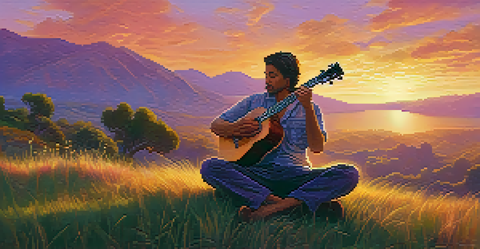 A musician playing a handcrafted ukulele on a hill at sunset, with a vibrant sky in the background.