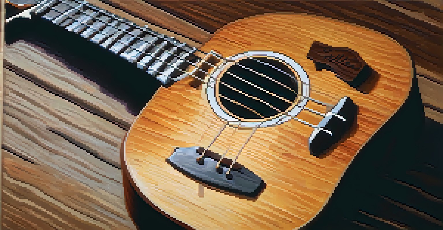 Close-up of a ukulele being played with hands in focus.