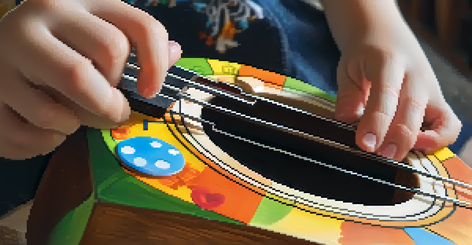 Close-up of a child's hands strumming a decorated ukulele showing the C Major chord.
