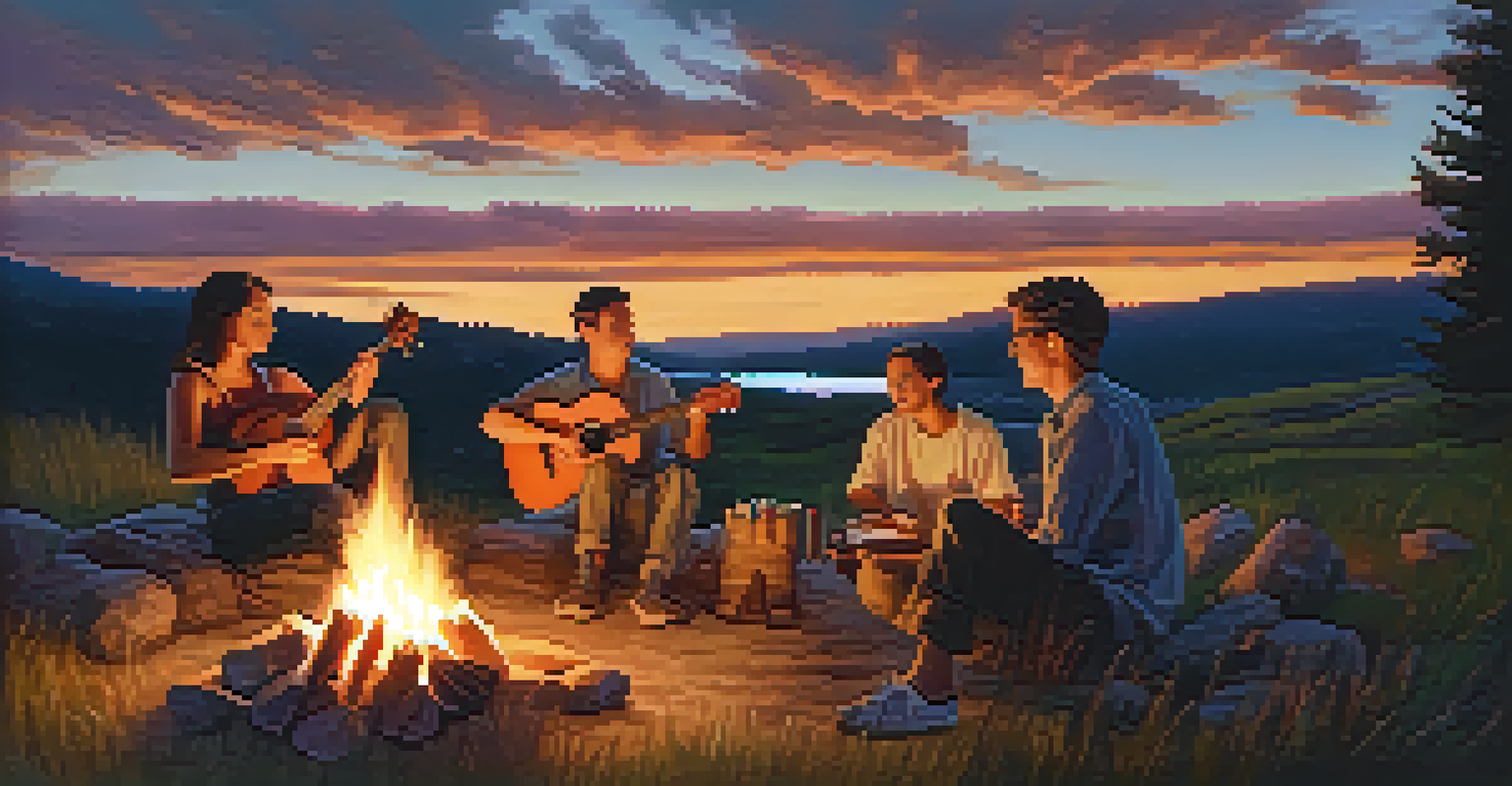 A group of friends enjoying a campfire at sunset, with one person playing the ukulele, surrounded by a warm glow.