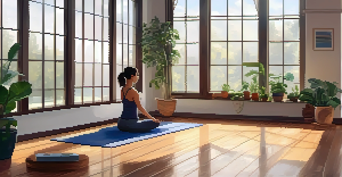 A peaceful yoga studio with a person practicing yoga and a ukulele nearby, surrounded by plants and candles.