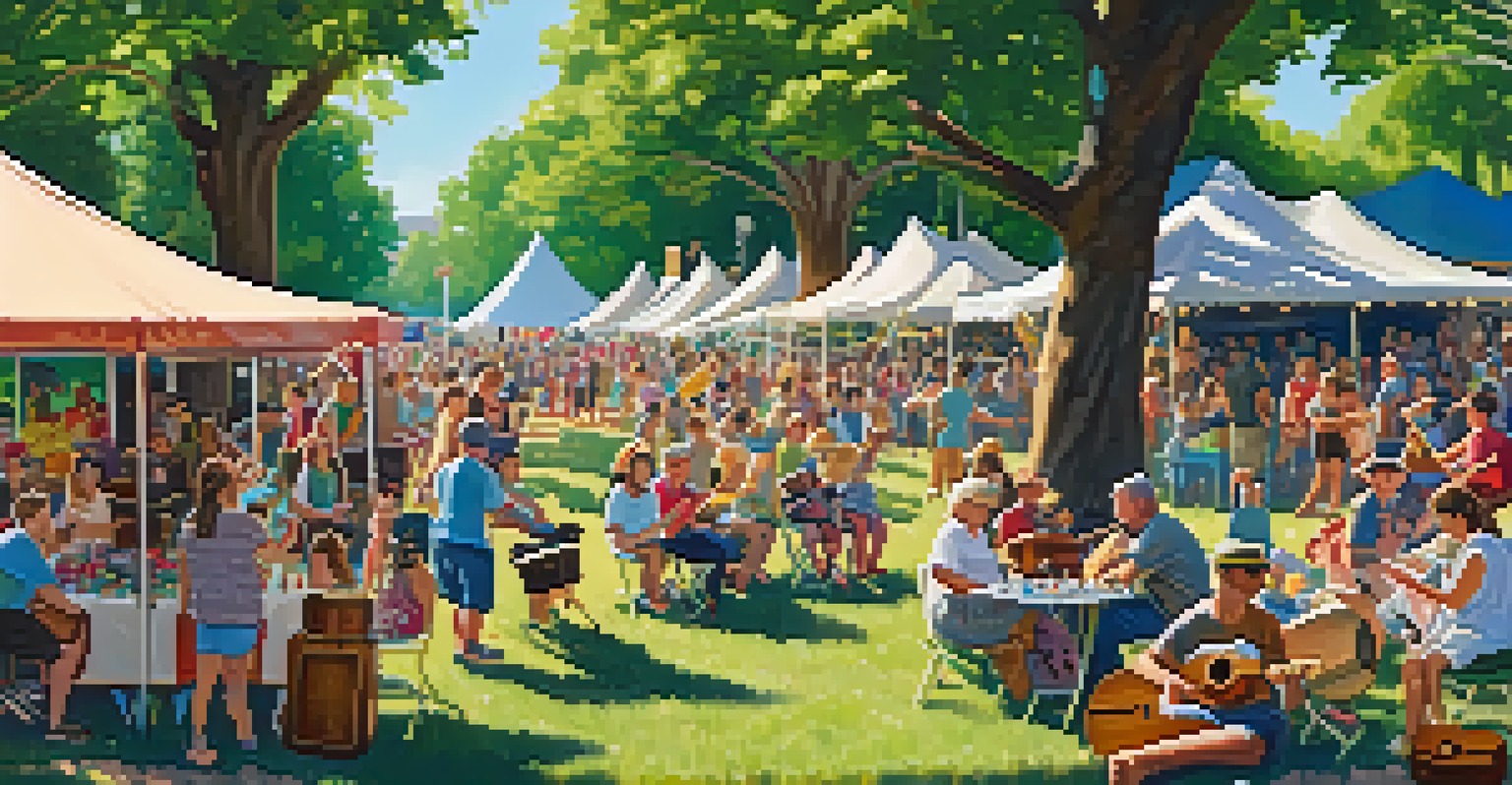 An outdoor ukulele festival with people of all ages playing ukuleles, colorful tents, and a sunny park setting.