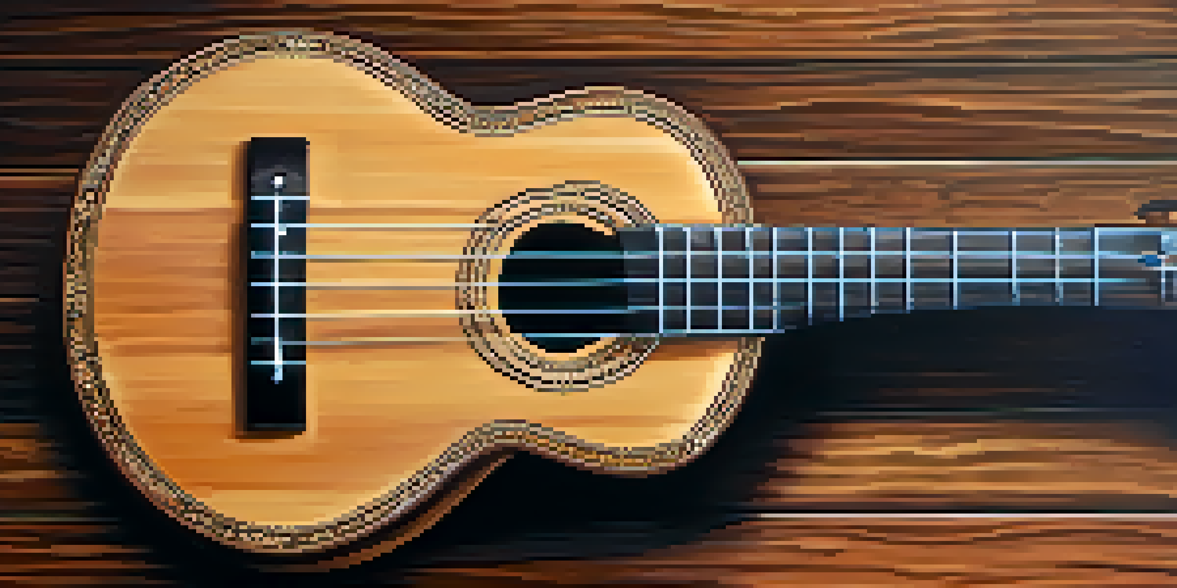 A close-up of a polished wooden ukulele on a rustic wooden table, with soft natural light highlighting its details.