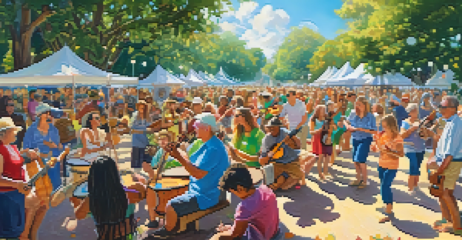 A diverse crowd enjoying a ukulele festival outdoors, with people playing instruments and dancing under colorful decorations.