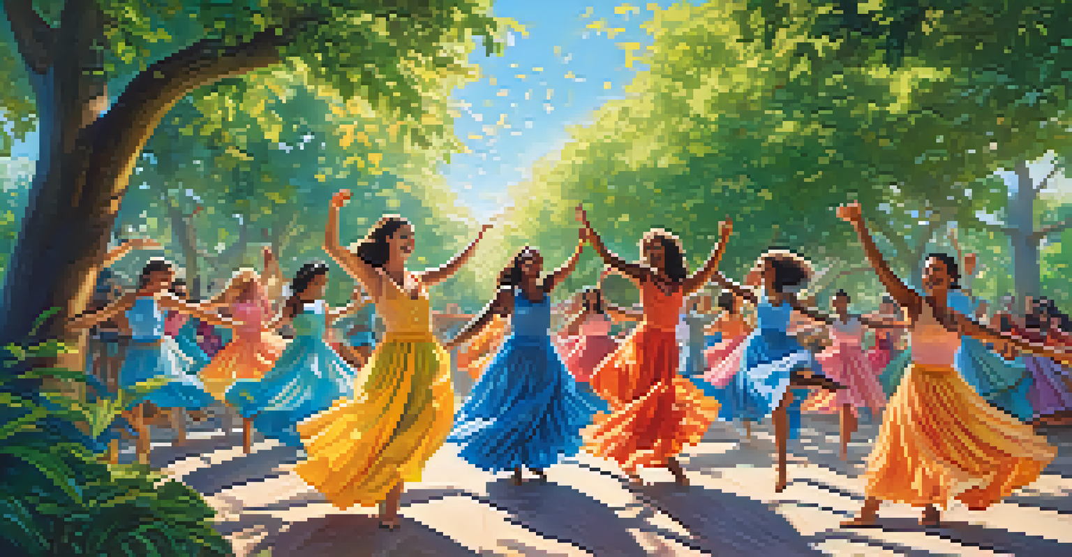 A group of dancers in colorful costumes performing joyfully outdoors, surrounded by a scenic park and clear blue sky.