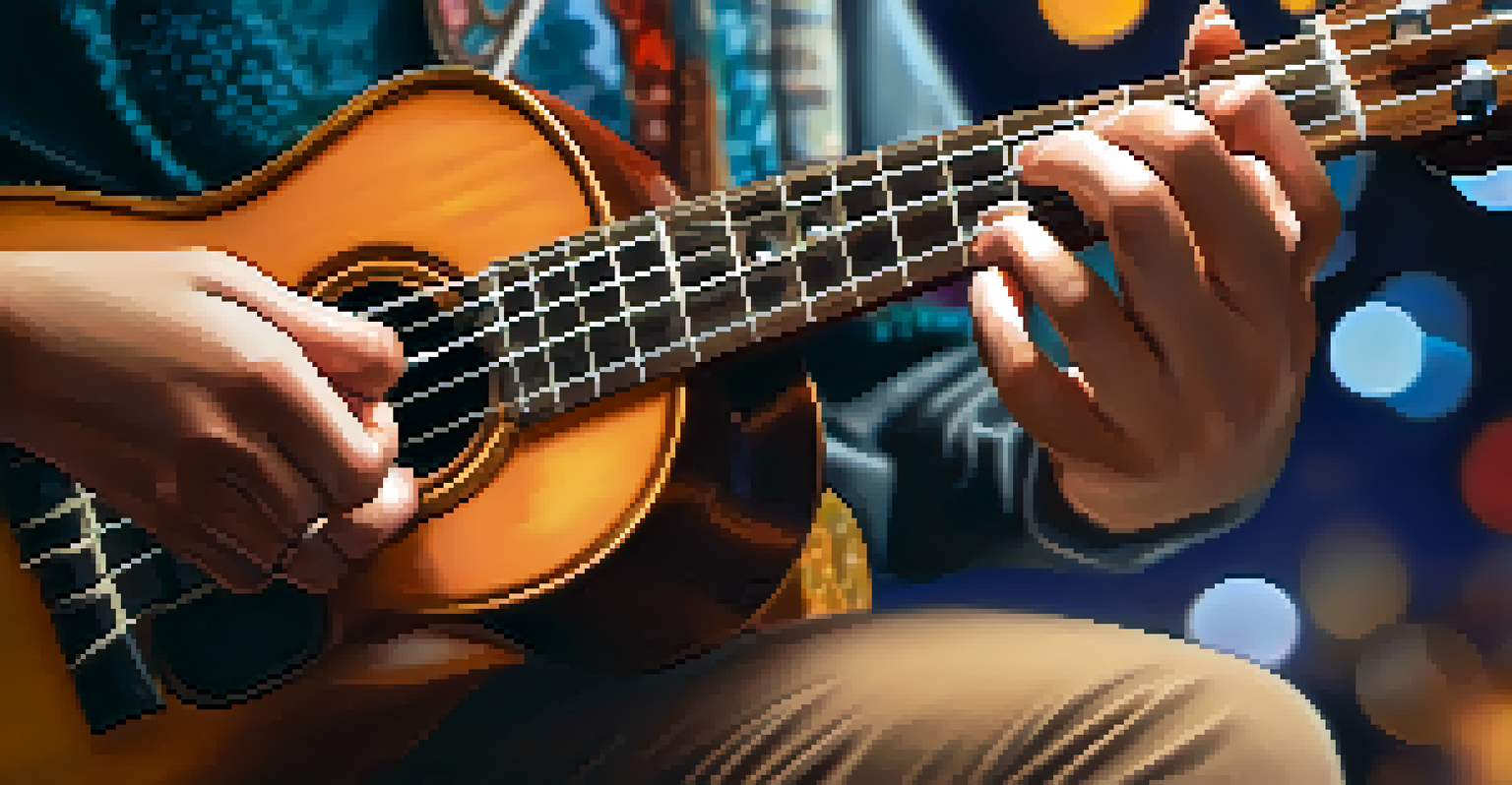 A close-up of hands playing a ukulele, highlighting the colorful strings and polished wood, with a soft bokeh light background.