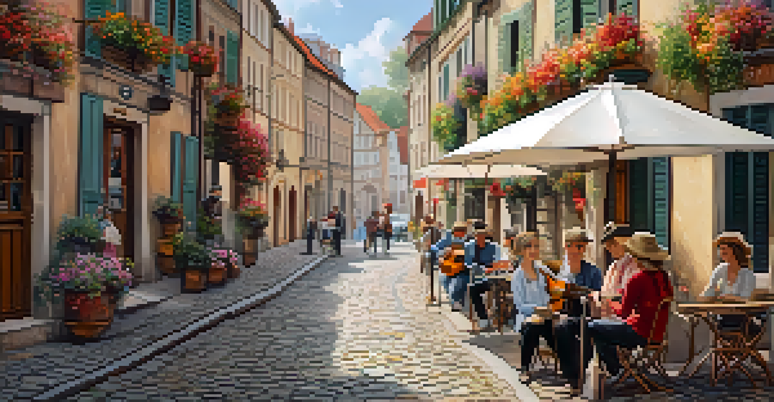 A musician playing ukulele on a cobblestone street with tourists enjoying the music.