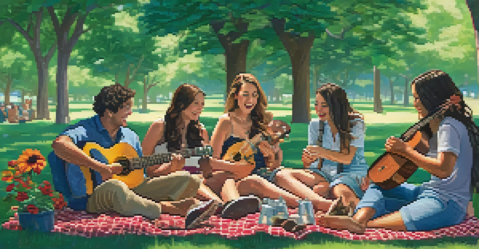 A lively outdoor ukulele jam session in a park with musicians playing together on picnic blankets under sunny skies.
