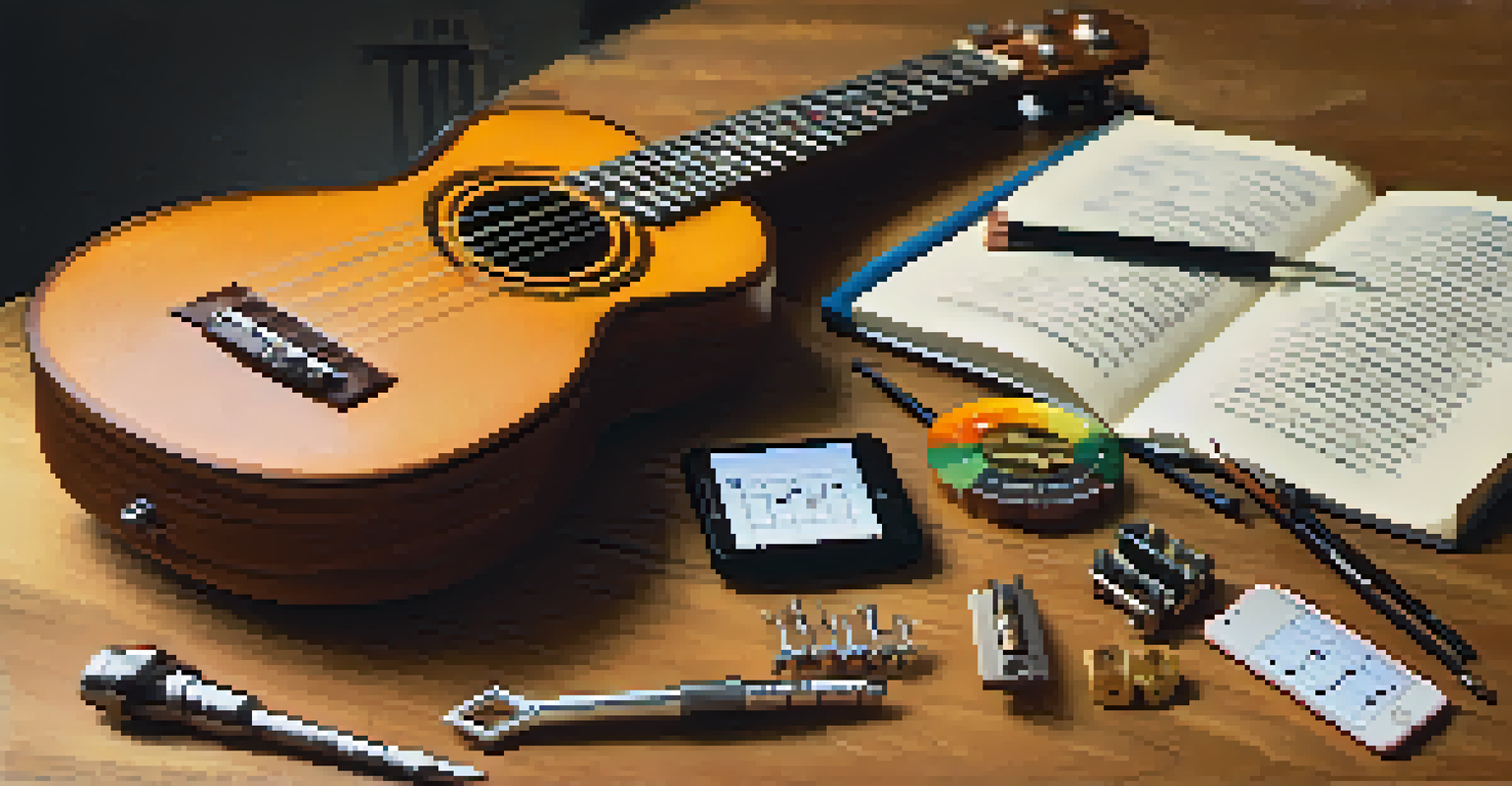 Various ukulele tuning tools including a clip-on tuner, tuning fork, and smartphone app on a wooden table with a notebook.