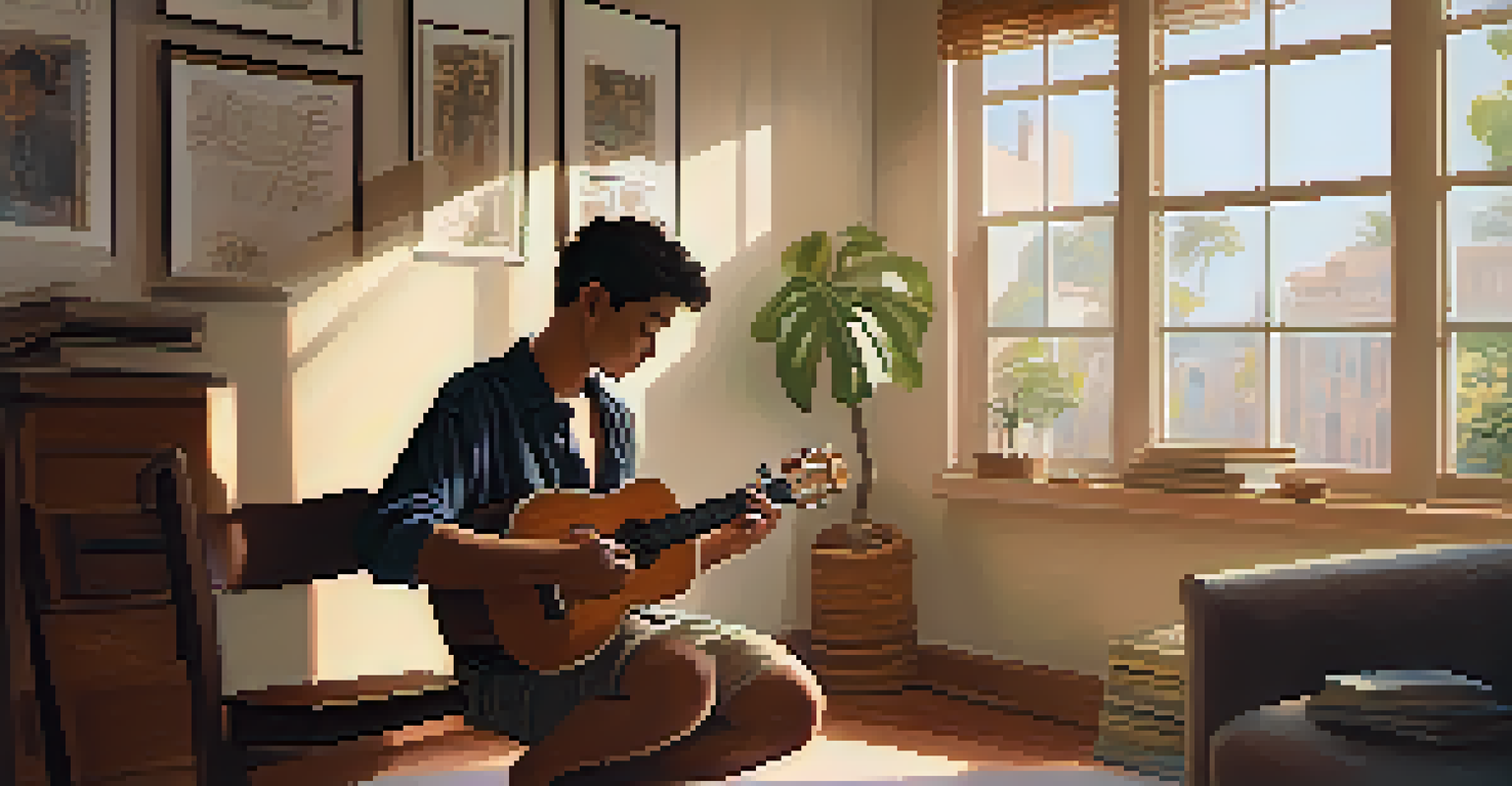 An individual practicing fingerpicking on a ukulele in a sunlit room with a notebook open beside them.