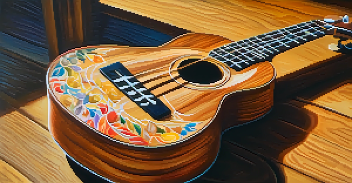 A close-up of a ukulele on a wooden table, with sunlight and sheet music around it.