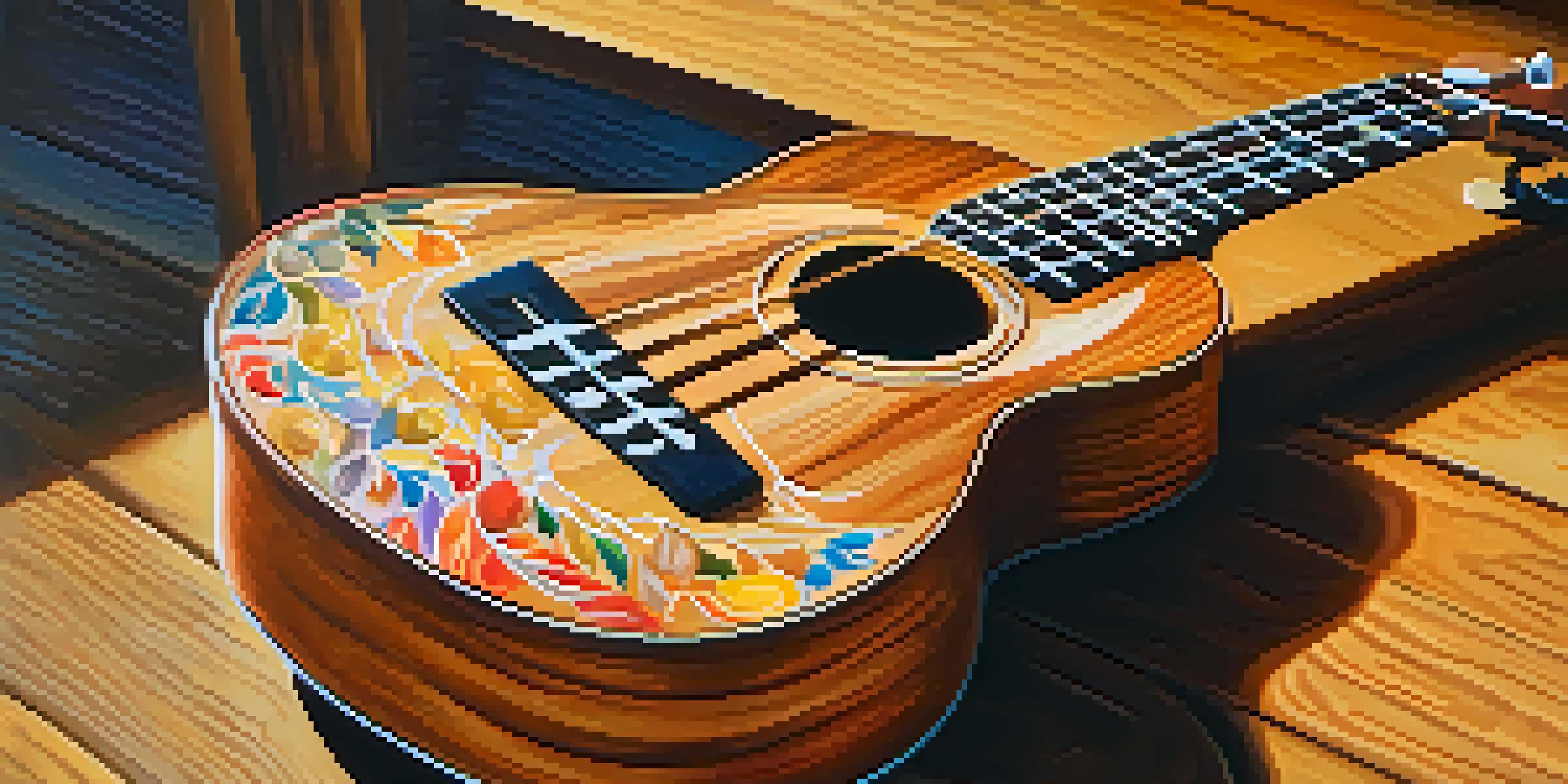 A close-up of a ukulele on a wooden table, with sunlight and sheet music around it.