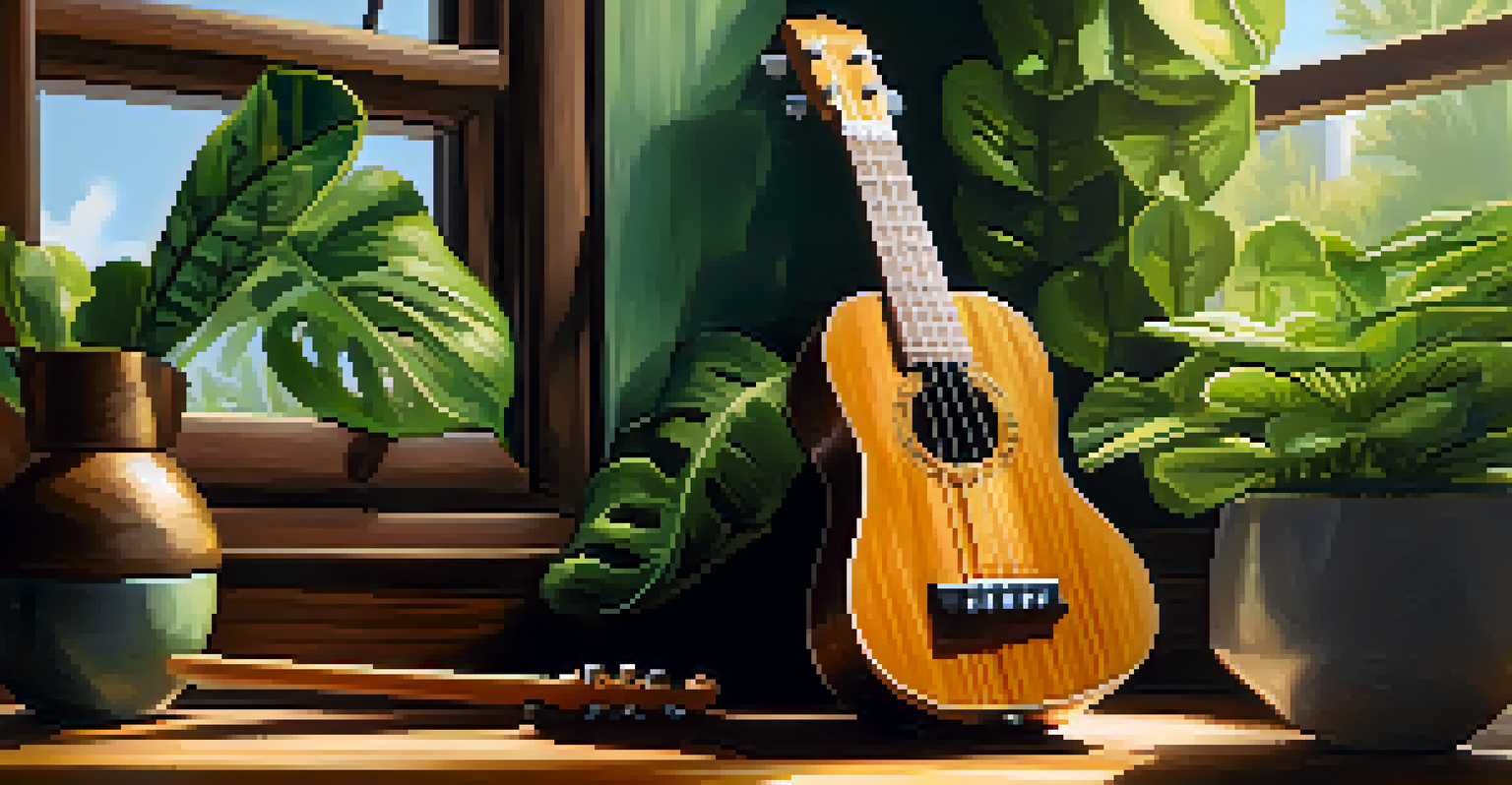 A close-up of a ukulele on a wooden table with sunlight shining on it and plants in the background.