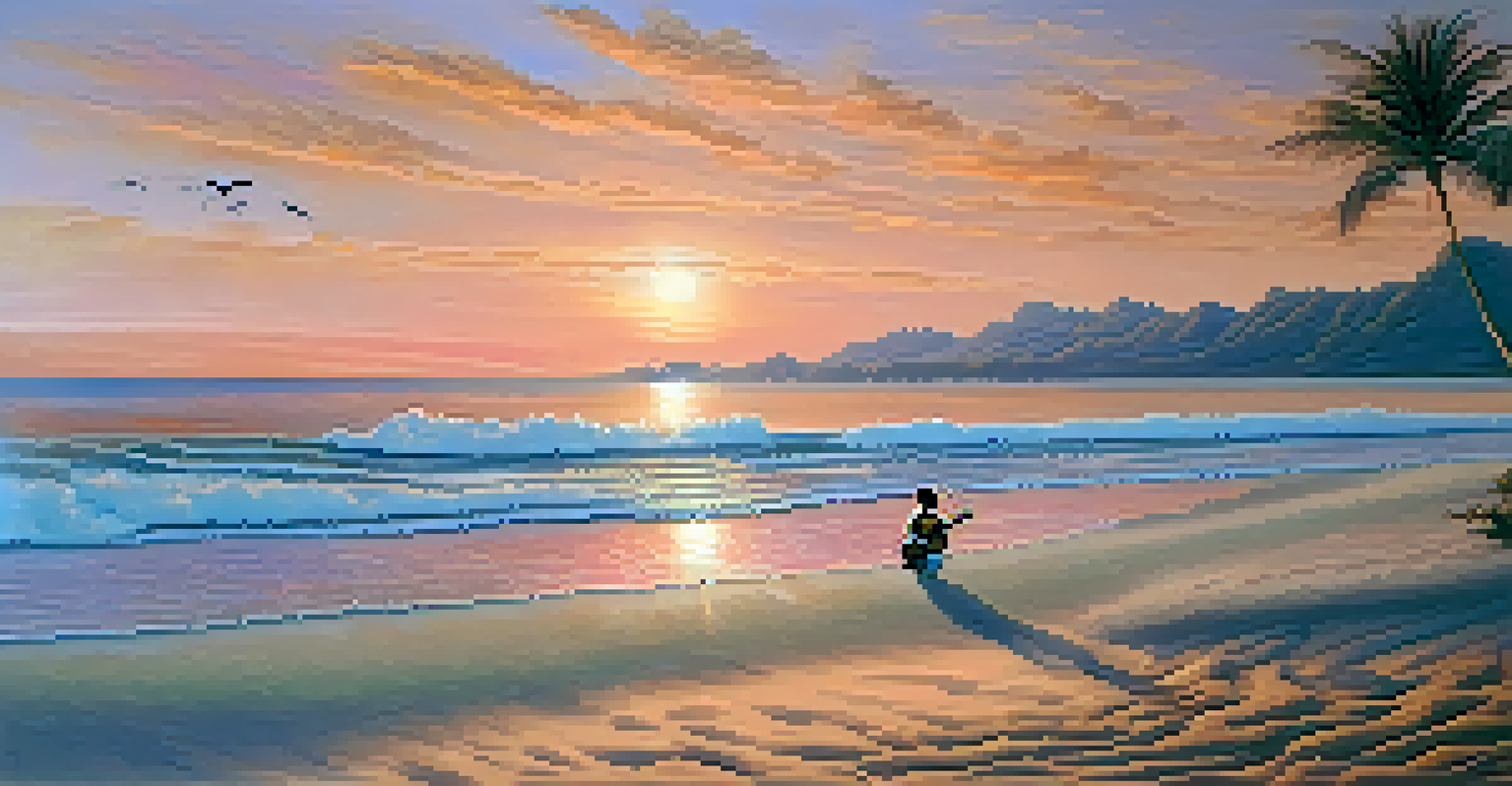 A musician playing a ukulele on a beach at sunset with colorful skies and waves.