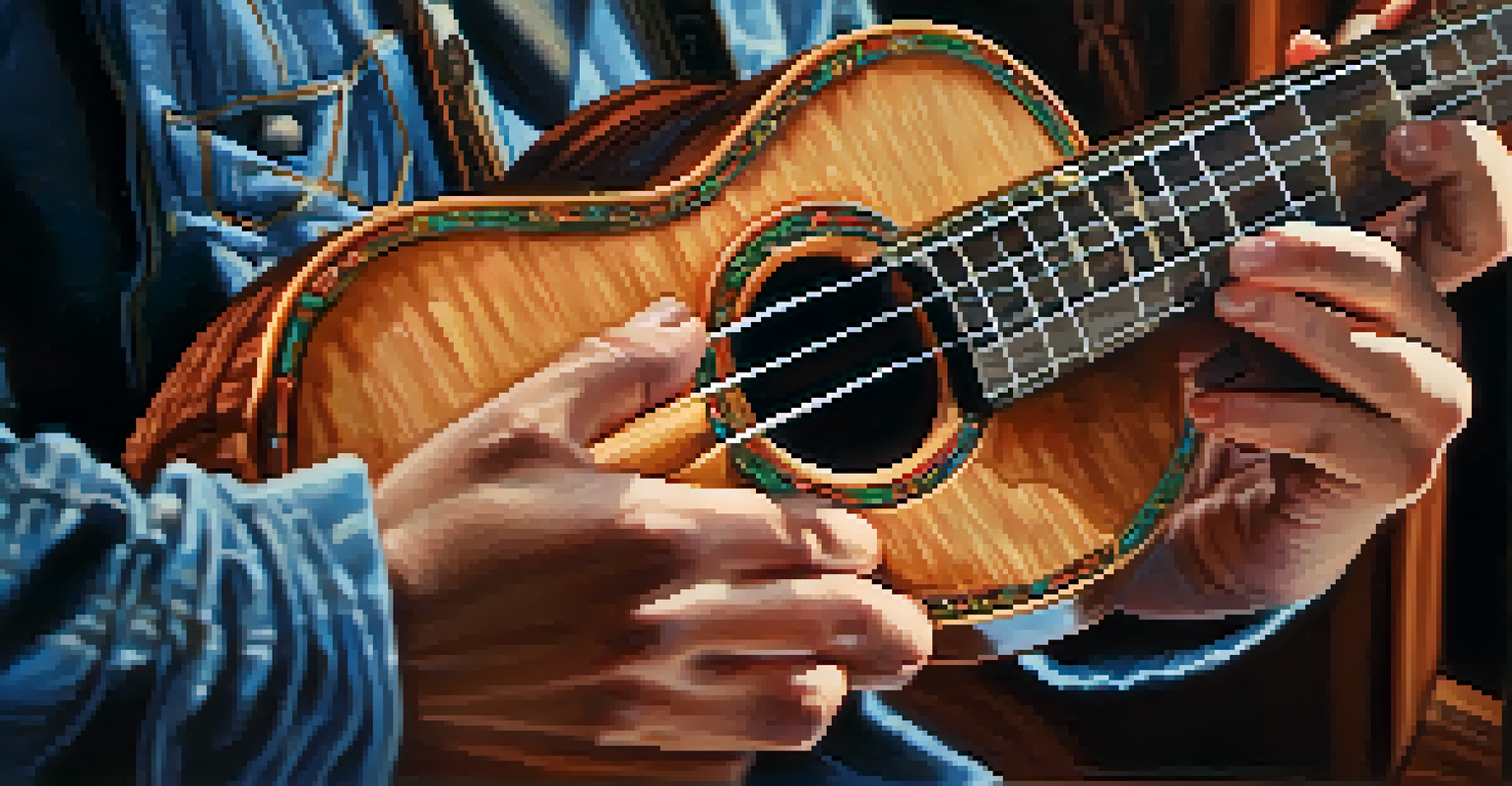 A close-up of hands skillfully playing a ukulele, showcasing the instrument's beautiful wood texture and colorful strings.