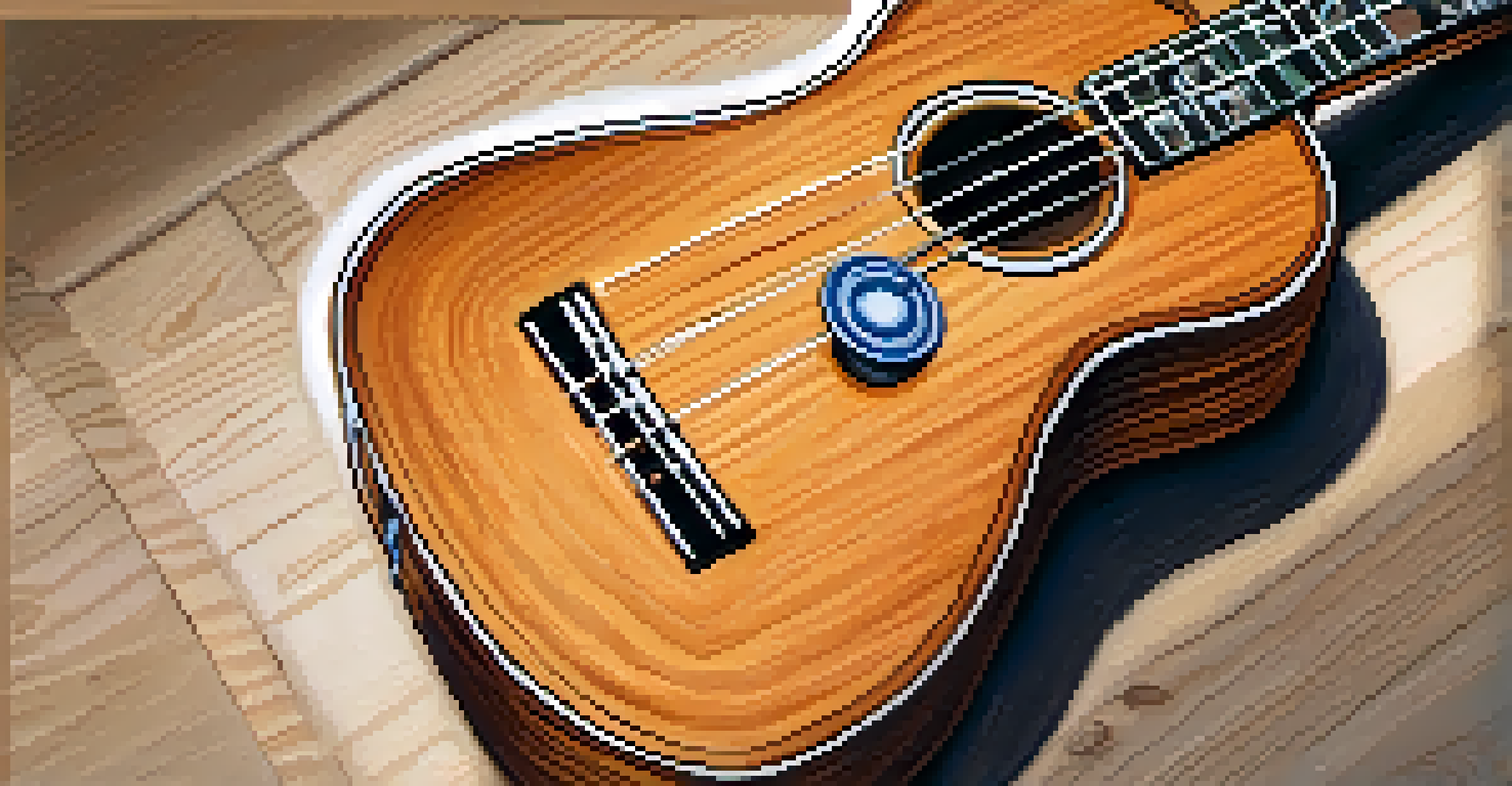 A close-up view of a ukulele safely tucked inside a padded gig bag, showcasing its wood grain and a humidifier beside it.