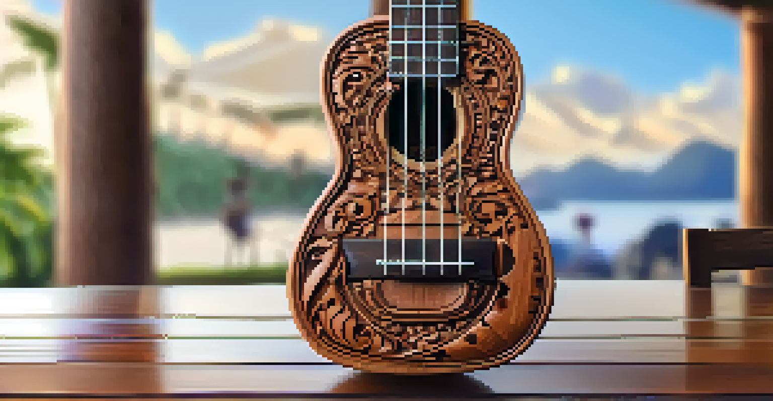 A close-up of an ornate ukulele on a wooden table, with blurred musicians in the background.