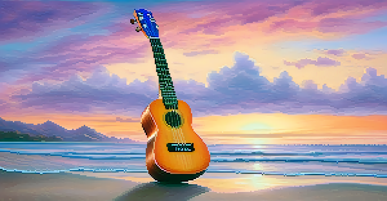 A ukulele resting on the sand at a beach during a vibrant sunset, with the ocean waves in the background.
