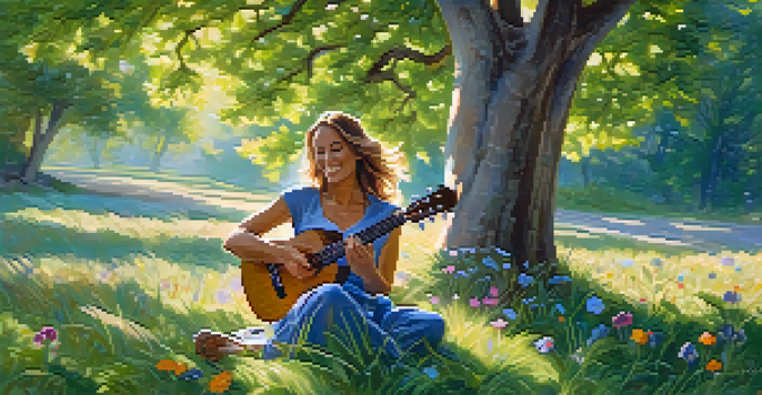 A woman playing a ukulele under a leafy tree, with sunlight filtering through branches and wildflowers around her.