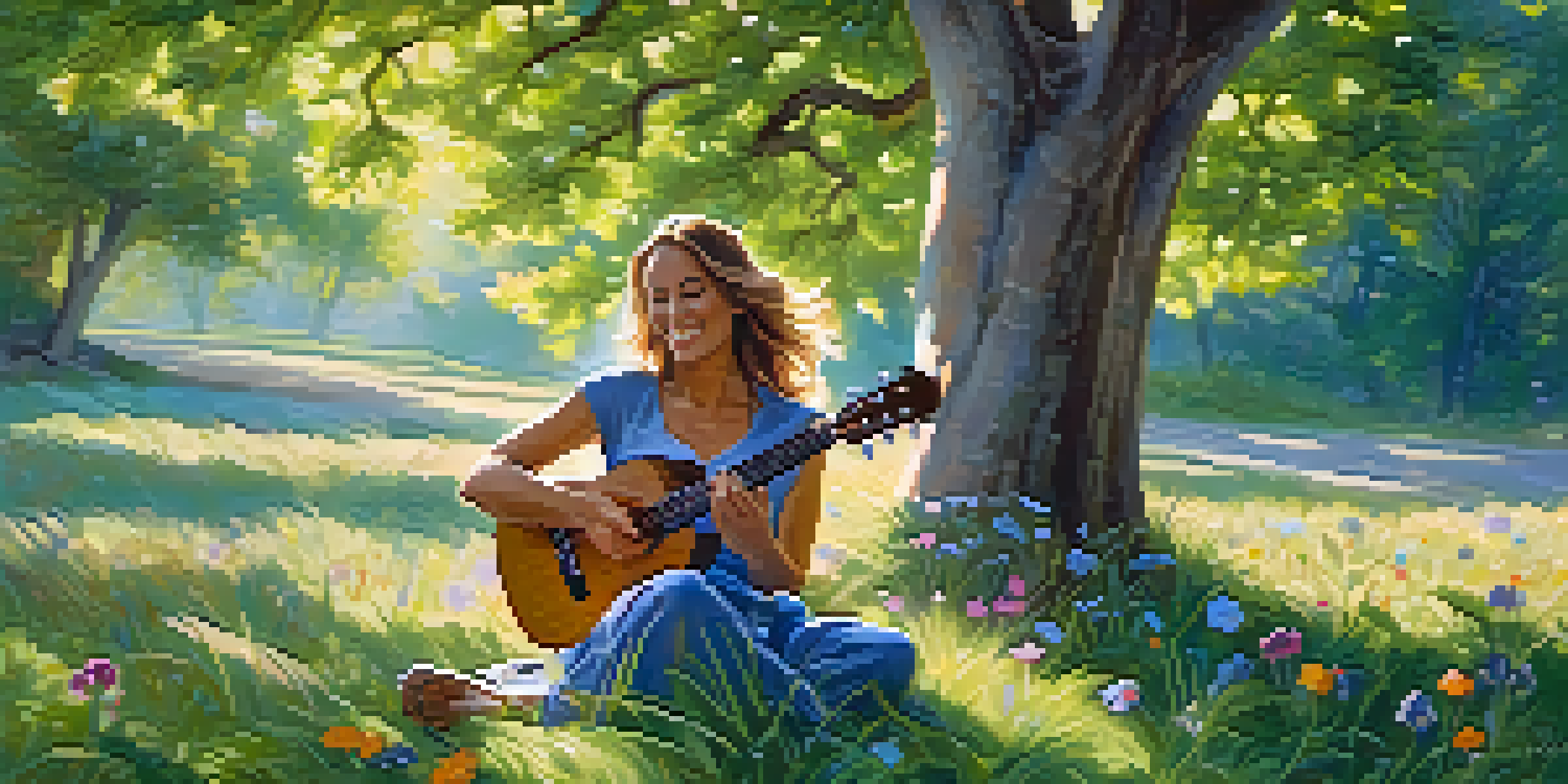 A woman playing a ukulele under a leafy tree, with sunlight filtering through branches and wildflowers around her.