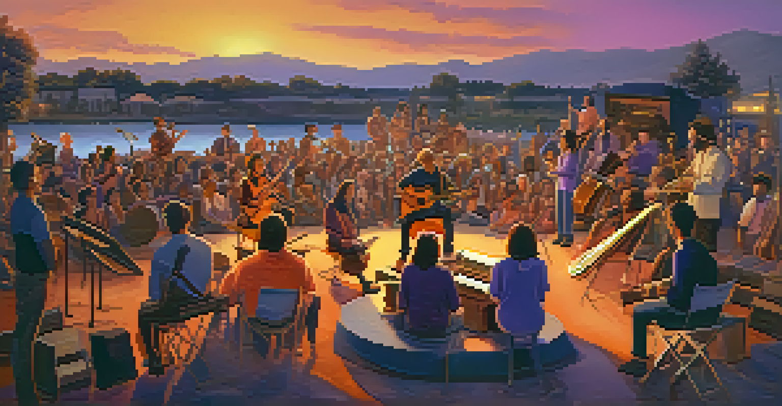 A group of musicians performing on stage at sunset with an engaged audience.