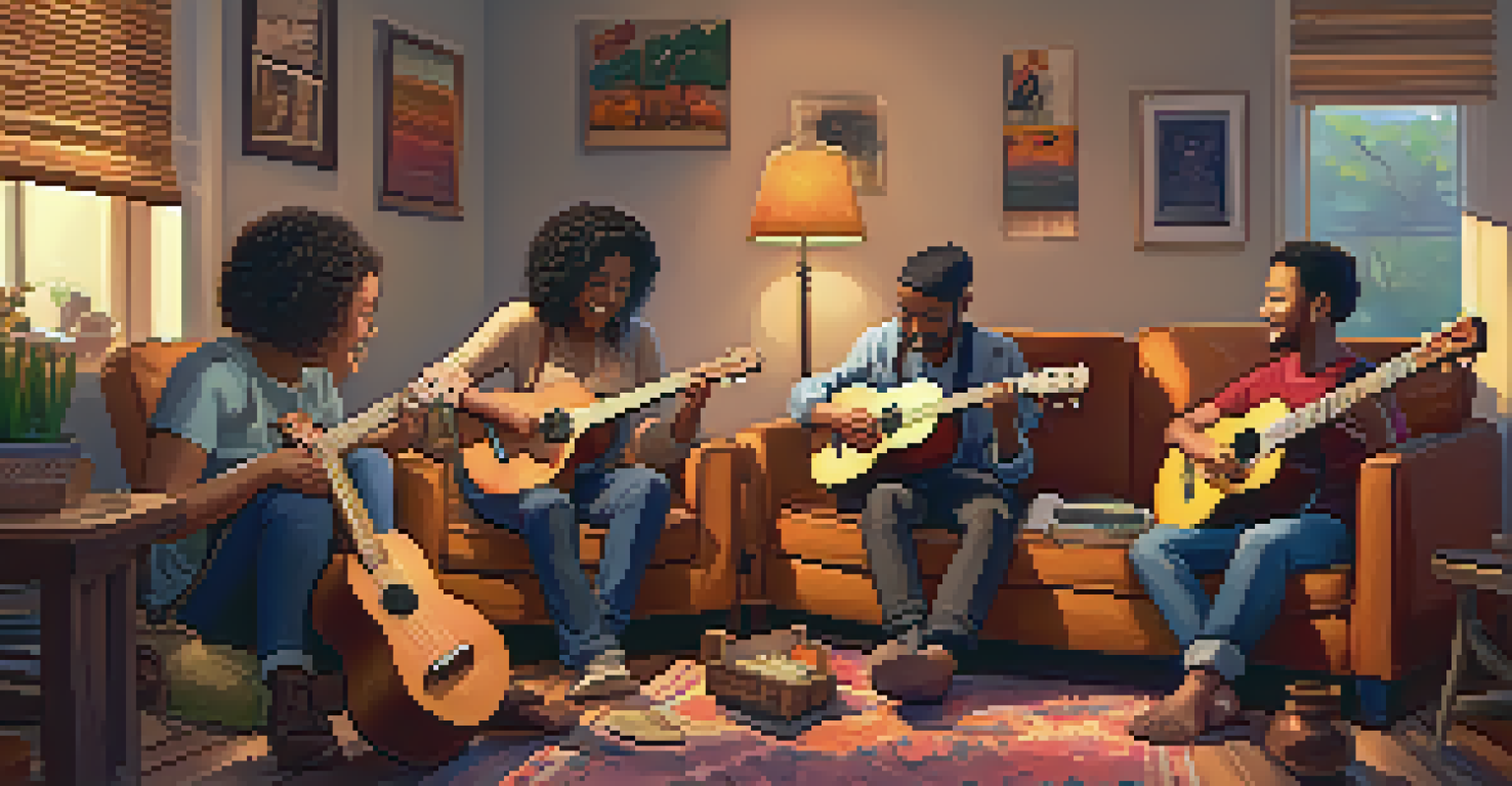 A cozy living room scene of friends sitting in a circle playing ukuleles, surrounded by warm lighting and wooden furniture.