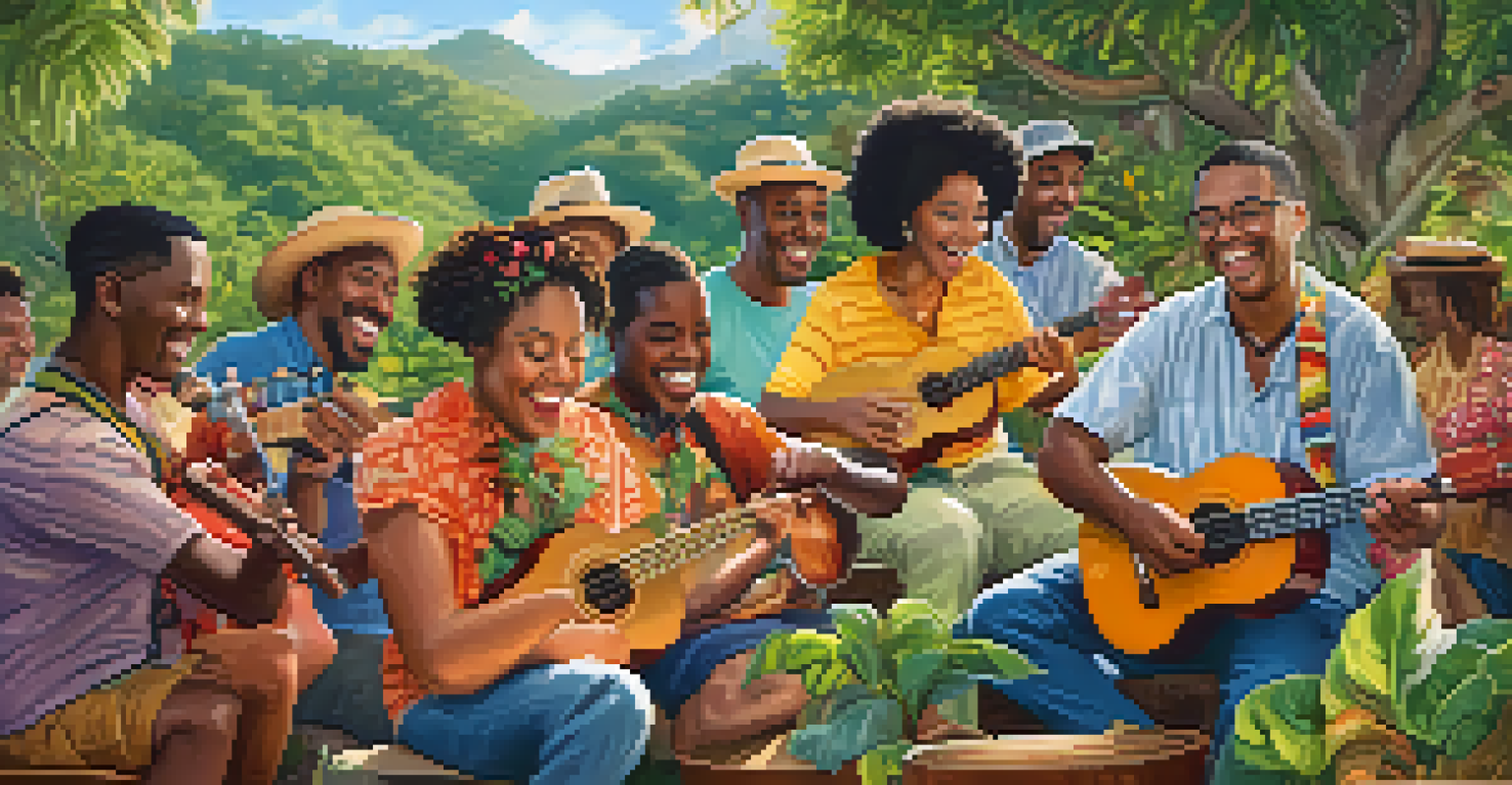 A group of diverse musicians joyfully playing a ukulele and percussion instruments in an outdoor setting surrounded by greenery.