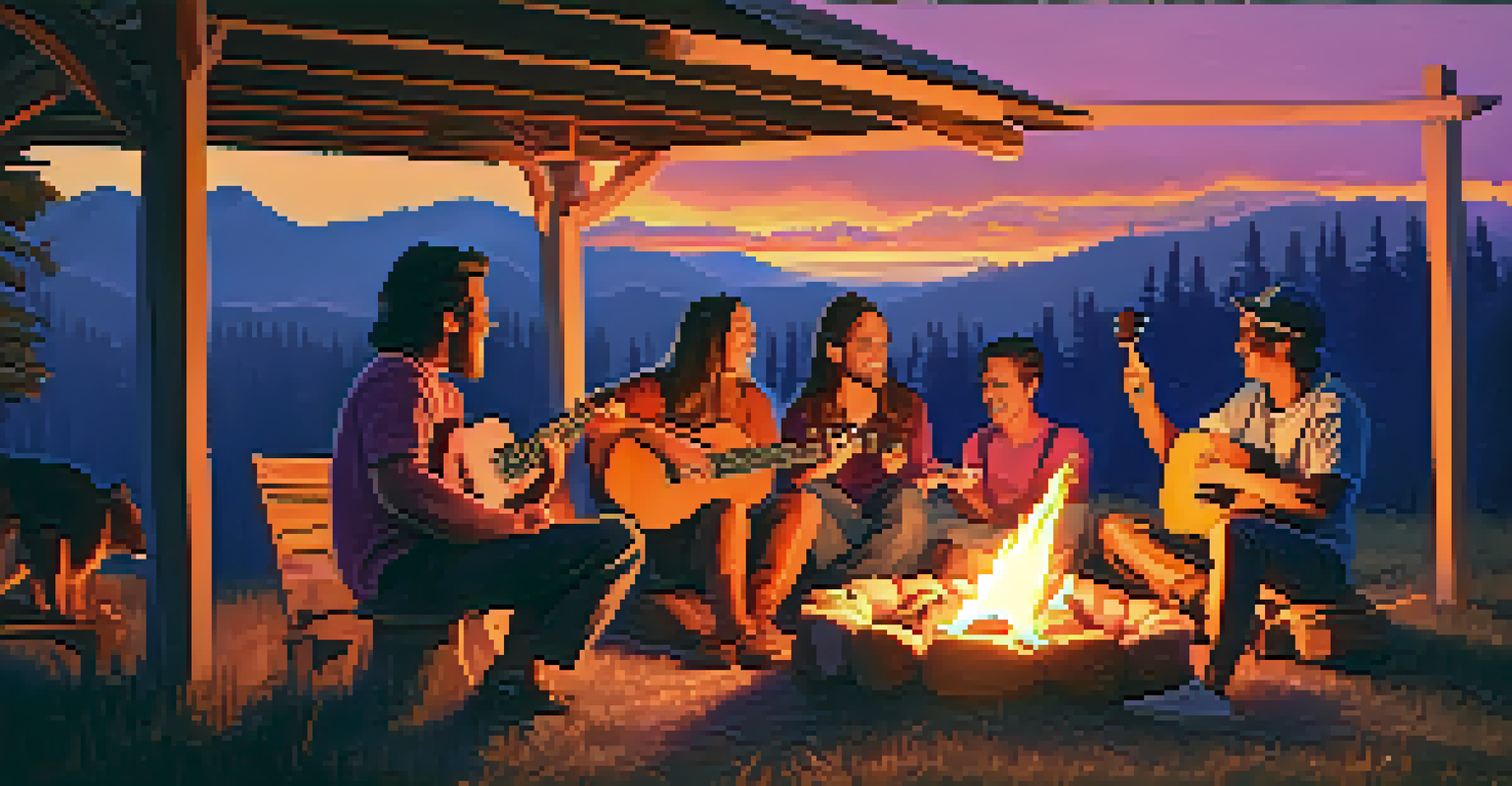 Friends playing ukulele around a campfire during sunset.