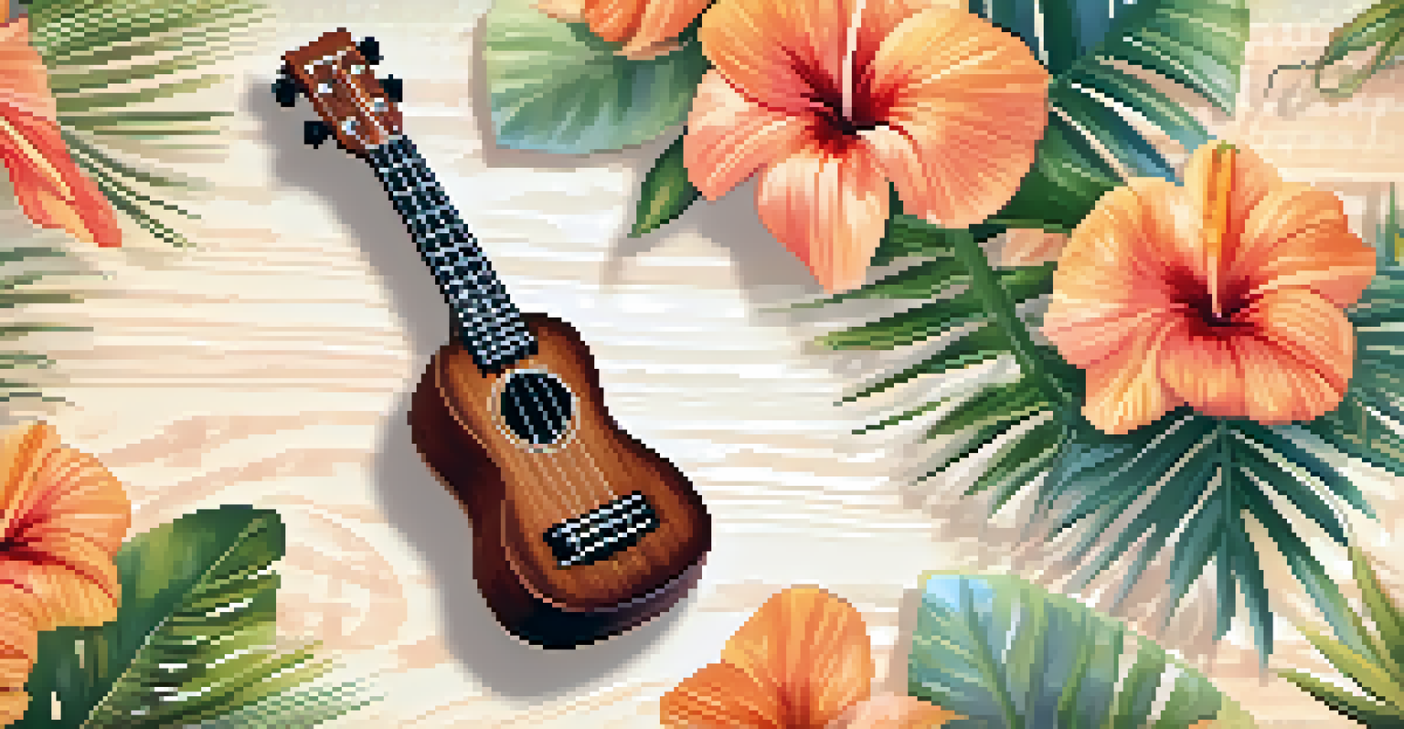 An artistic depiction of a ukulele with musical notes and tropical flowers, set against a warm gradient background resembling a Hawaiian sunset.