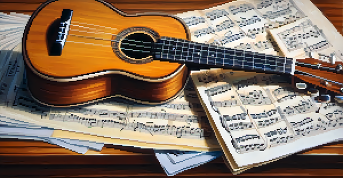 A close-up view of a ukulele on a wooden table with music notes and a metronome around it.