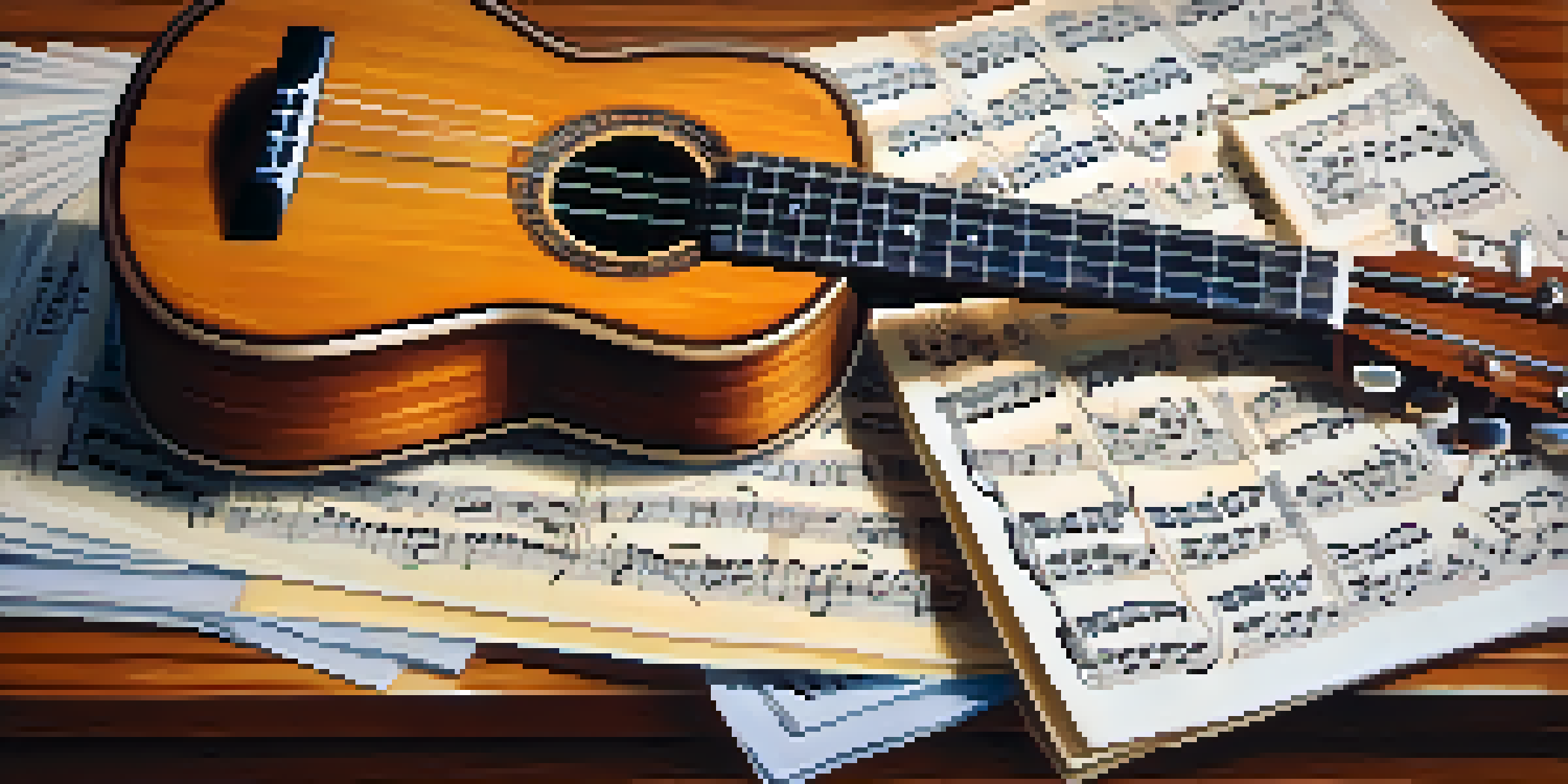 A close-up view of a ukulele on a wooden table with music notes and a metronome around it.