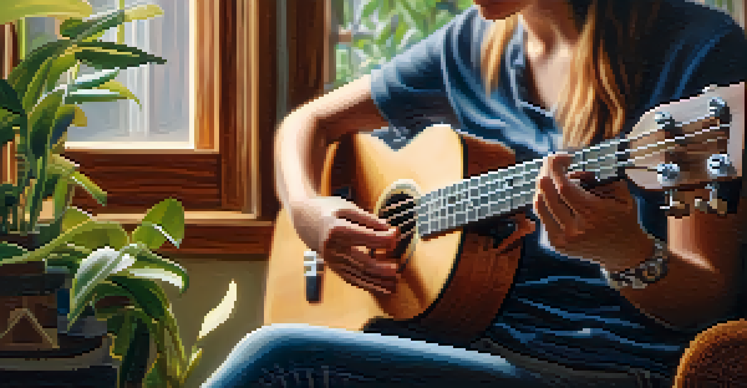 A close-up of hands strumming a ukulele, showcasing the wooden texture, with a cozy living room blurred in the background.