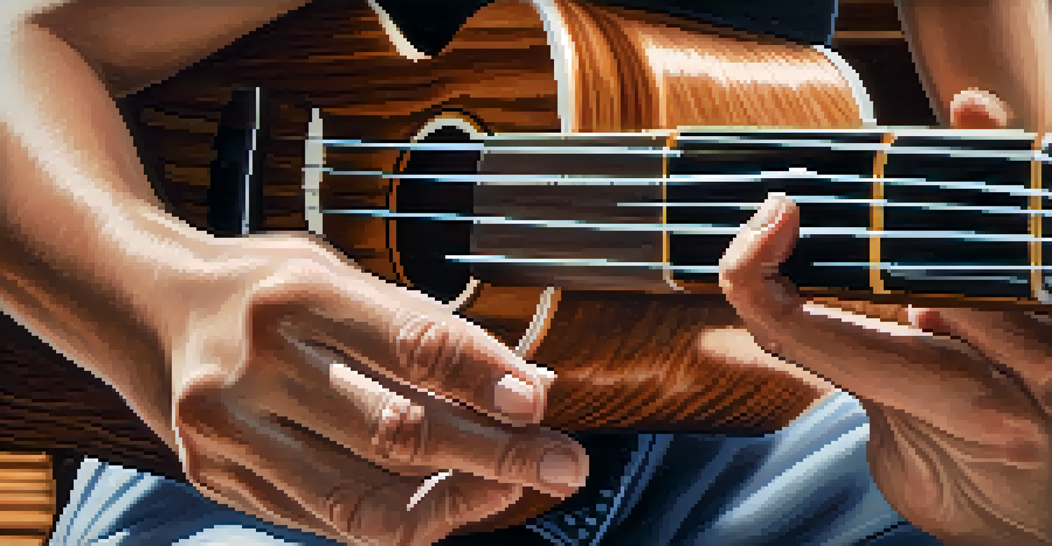 Close-up of hands playing a ukulele, focusing on the strings and intricate wood grain of the instrument.