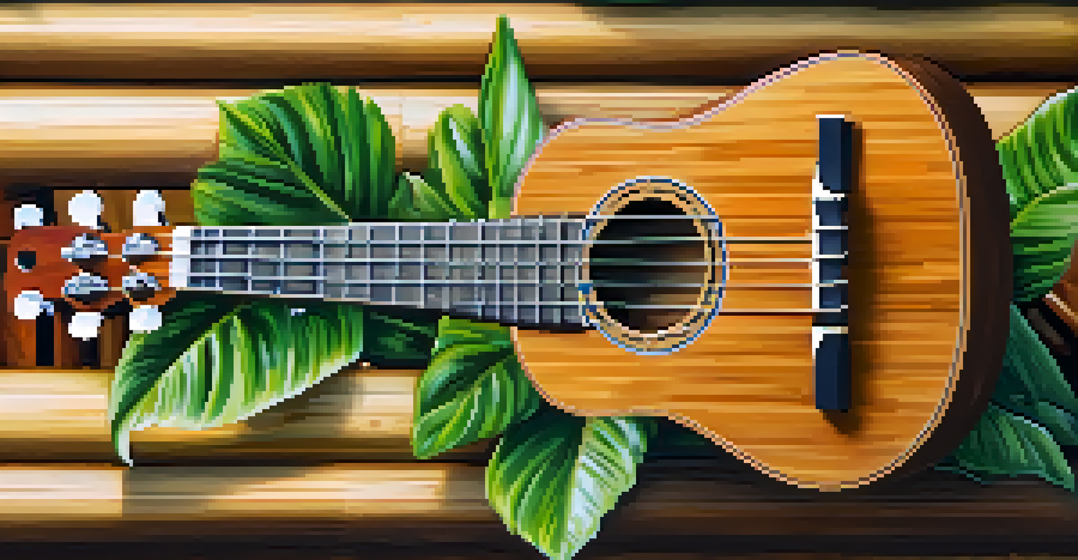 A close-up of a handcrafted ukulele made from bamboo, highlighting its intricate design and polished finish, with green plants in the background.